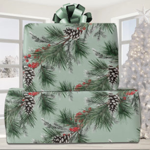 Papier Cadeau Pine blanche cône Épinette Baies rouges Garland Sa