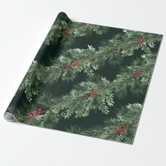 Papier Cadeau Pine blanche Épinette verte Baies rouges Forêt de (Déroulé)