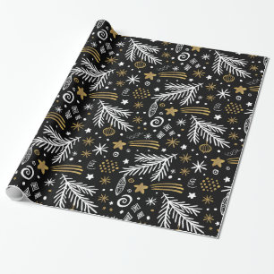 Papier Cadeau PINE de gribouillage noir blanc or et étoiles NO