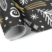 Papier Cadeau PINE de gribouillis en or noir blanc et étoiles NO (Coin rond)