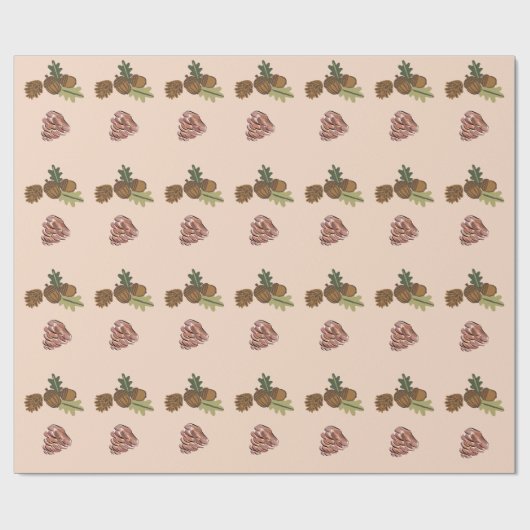 Papier Cadeau Pine de Noël cône & Branches Motifs rose vert (Plat)