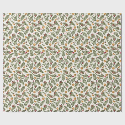 Papier Cadeau Pine Sprigs, Berries, Oranges en conserve, Noël (Plat)