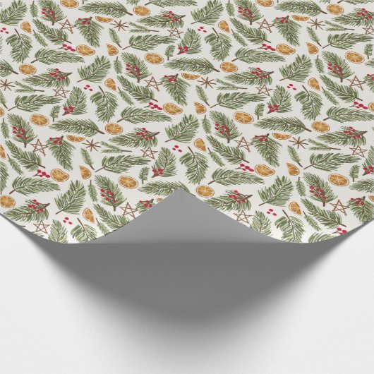 Papier Cadeau Pine Sprigs, Berries, Oranges en conserve, Noël (Coin)