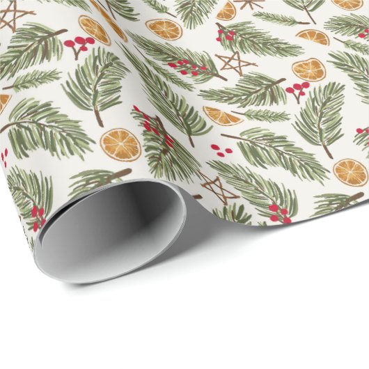 Papier Cadeau Pine Sprigs, Berries, Oranges en conserve, Noël (Coin rond)