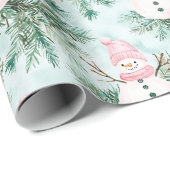 Papier Cadeau Pine Tree Pink White Snowman Girl (Coin rond)