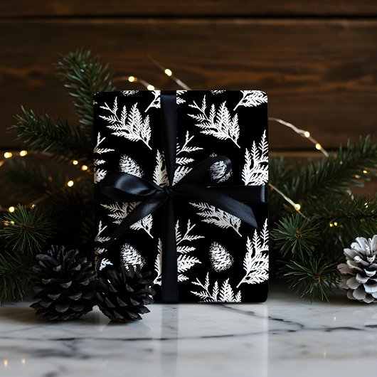 Papier Cadeau Pinecone à feuilles de cèdre noir et blanc minimes
