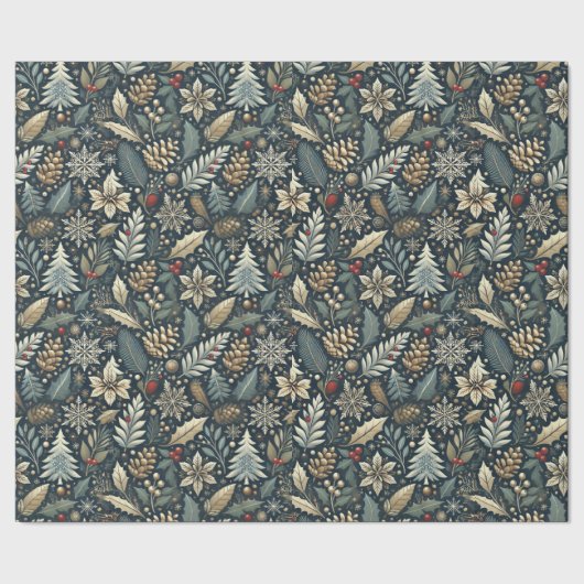 Papier Cadeau Pinecone, Holly, Snowflakes & Berries Holiday (Couture)