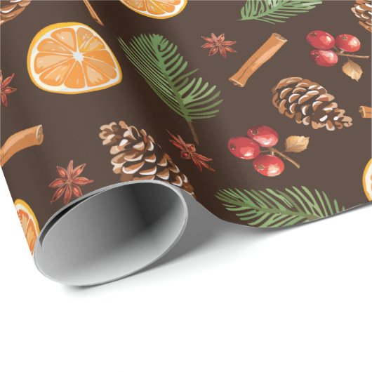 Papier Cadeau Pinecones Botaniques Rustiques Pine Orange Motif (Coin rond)