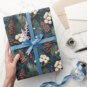Papier Cadeau Pinecones Branches Bleu Blanc Brown Motif de Noël