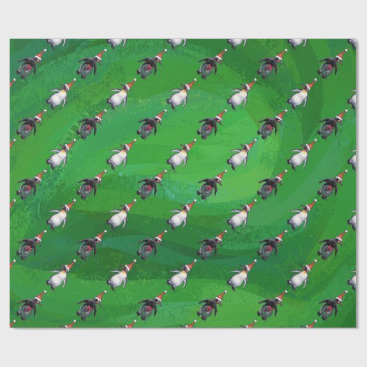 Papier Cadeau Pingouin à Santa Hat Motif sur Vert (Plat)