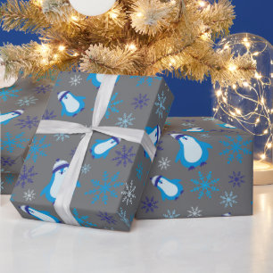Papier Cadeau Pingouin bleu adorable et flocons de neige Gris sa