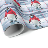 Papier Cadeau Pingouin de Noël avec manteau rouge et flocons de  (Coin rond)