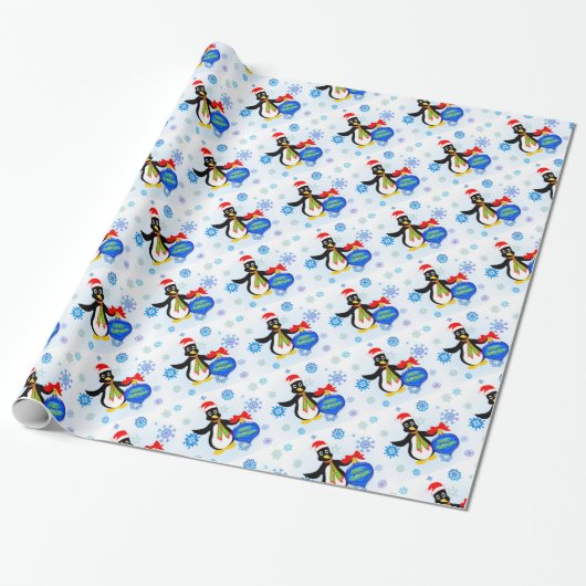 Papier Cadeau Pingouin de Noël et flocons de neige (Déroulé)