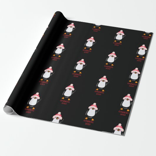 Papier Cadeau Pingouin de Noël mignon personnalisé en Casquette (Déroulé)