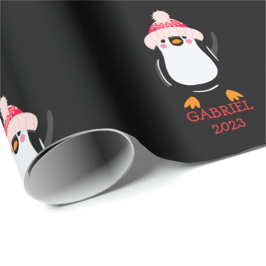 Papier Cadeau Pingouin de Noël mignon personnalisé en Casquette (Coin rond)