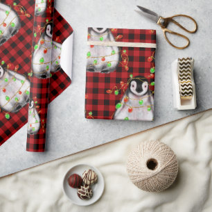 Papier Cadeau Pingouin de vacances, plaid, voyants rouges scinti