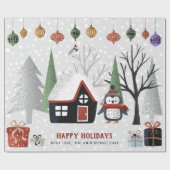 Papier Cadeau Pingouin d'hiver, arbres et maison Noël (Plat)
