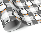 Papier Cadeau Pingouin mignon Plaid Motif en noir blanc et gris (Coin rond)