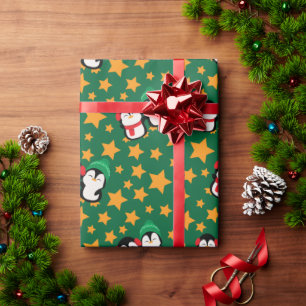Papier Cadeau Pingouins adorables et cadeau vert de Noël étoile