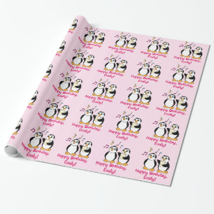 Papier Cadeau Pingouins chantant le nom de joyeux anniversaire