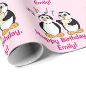 Papier Cadeau Pingouins chantant le nom de joyeux anniversaire (Coin rond)