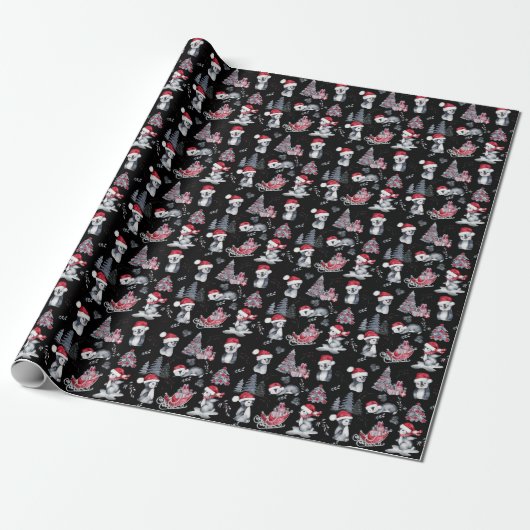 Papier Cadeau Pingouins dans Santa Hats scène d'hiver Motif noir (Déroulé)
