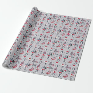 Papier Cadeau Pingouins dans Santa Hats scène hiver Motif gris 