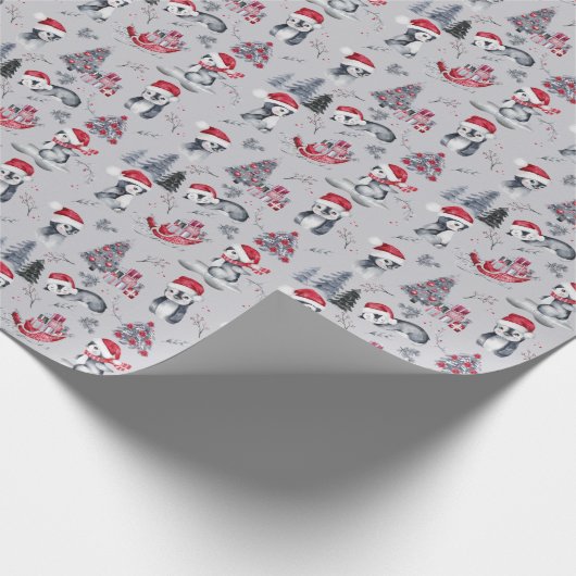 Papier Cadeau Pingouins dans Santa Hats scène hiver Motif gris (Coin)