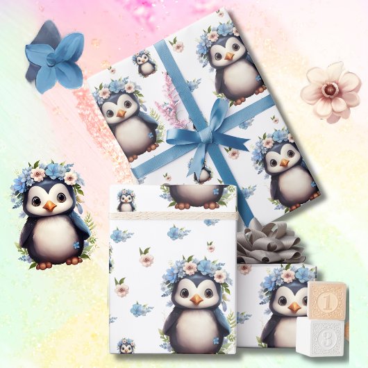 Papier Cadeau Pingouins d'aquarelle de printemps avec fleurs en 