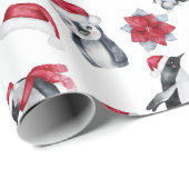 Papier Cadeau Pingouins de Noël en chapeaux de Noël (Coin rond)