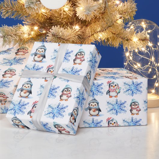 Papier Cadeau Pingouins de Noël et flocons de neige (Vacances)