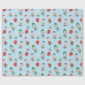 Papier Cadeau Pingouins de Noël mignons en mitaines bleu clair (Plat)