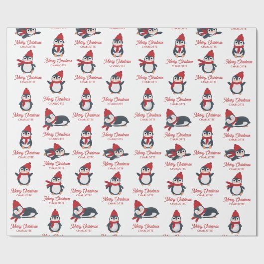 Papier Cadeau Pingouins d'hiver Joyeux Noël Nom personnalisé (Plat)