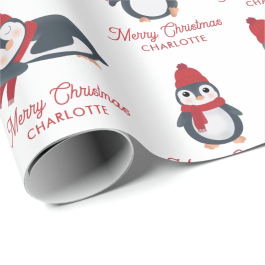 Papier Cadeau Pingouins d'hiver Joyeux Noël Nom personnalisé (Coin rond)