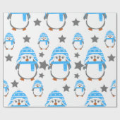 Papier Cadeau Pingouins et étoiles amusant bleu (Plat)