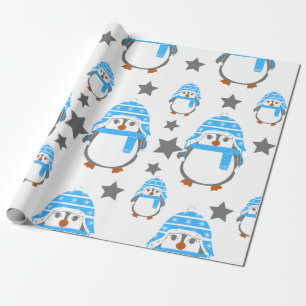 Papier Cadeau Pingouins et étoiles amusant bleu