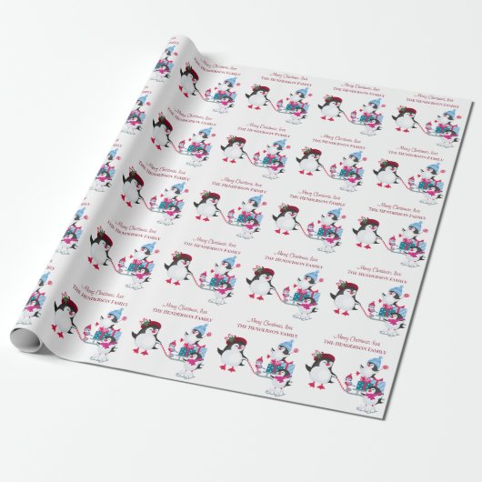 Papier Cadeau Pingouins mignons dans la neige Joyeux Noël (Déroulé)