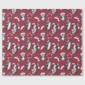 Papier Cadeau Pingouins mignons en Casquette de Noël Rouge (Plat)