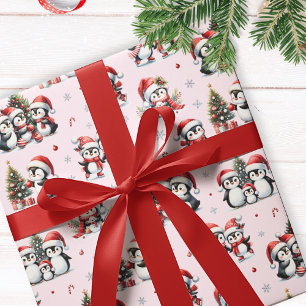 Papier Cadeau Pingouins mignons en Casquette rouge amusant Noël