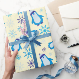 Papier Cadeau Pingouins mignons et flocons de neige bleu Jaune s