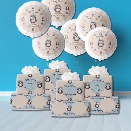 Papier Cadeau Pingouins mignons pour fille Bilingue Joyeux anniv