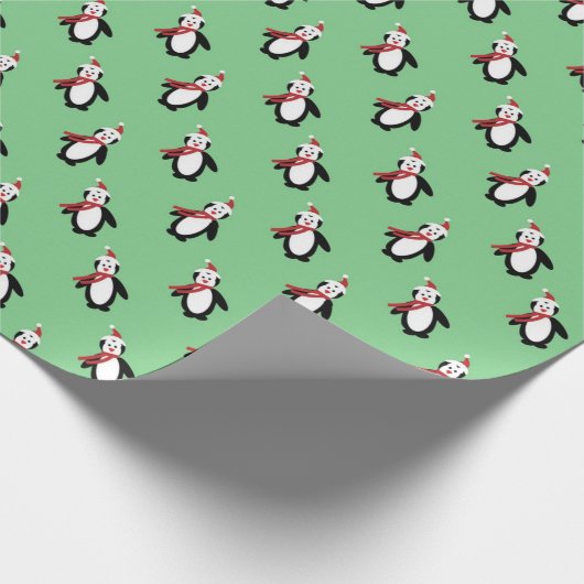 Papier Cadeau Pingouins mignons Santa Chapeau clair Vert Noël (Coin)