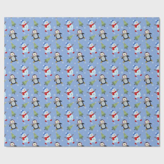 Papier Cadeau Pingouins, neigeurs et arbres de Noël (Plat)