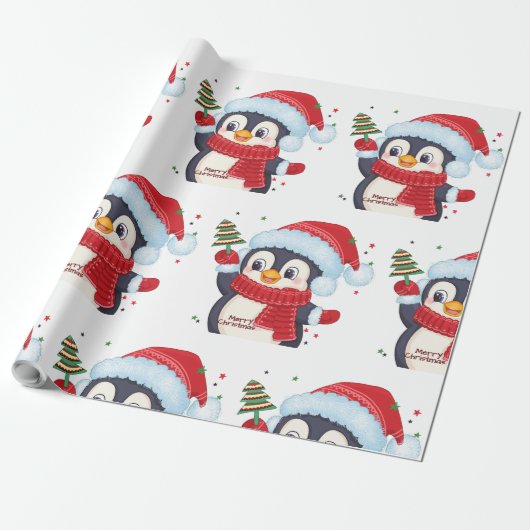 Papier Cadeau Pinguin de Noël avec arbre (Déroulé)