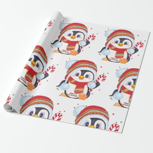 Papier Cadeau Pinguin de Noël avec un Sucre de canne (Déroulé)