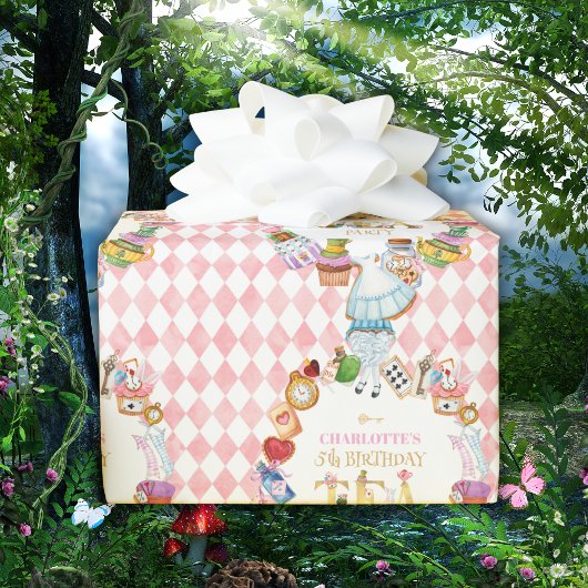 Papier Cadeau Pink Alice in Wonderland 5th Birthday  