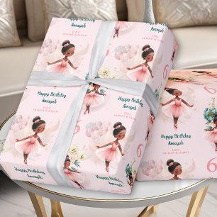 Papier Cadeau Pink Ballerina Girl Birthday Dark Skin Nom personn