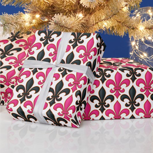 Papier Cadeau Pink Black Baroque Fleur-de-lis Pattern Design
