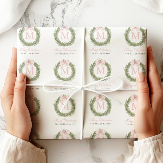 Papier Cadeau Pink Bow Monogram Wreath Christmas