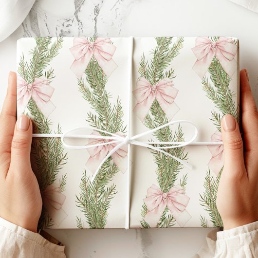 Papier Cadeau Pink Bow Winter Green Wrapping Paper